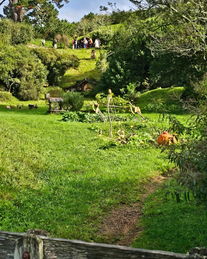 Narrow garden path leading through the lush green hills of Hobbiton.