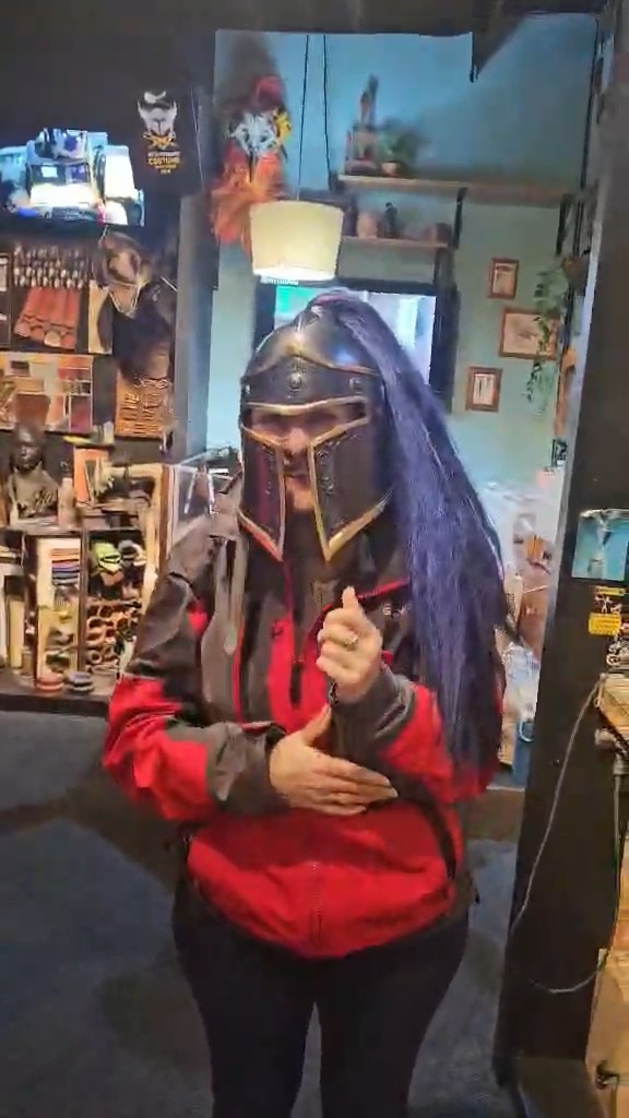 Screenshot from a video of me trying on one of the many props at WETA, in Wellington.